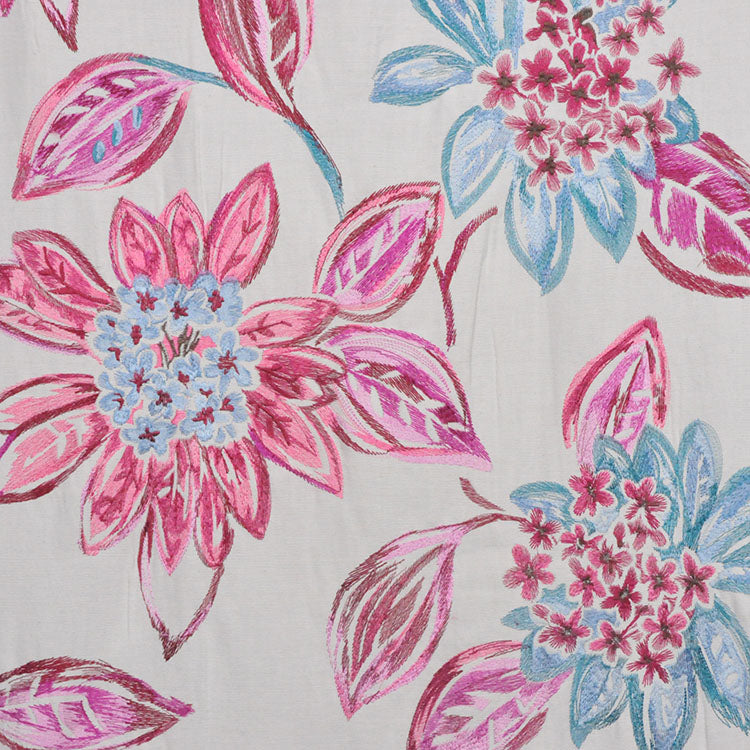 Cotton Embroidered Floral Drapery Fabric Ivory Blue Pink / Poppy RMBLV