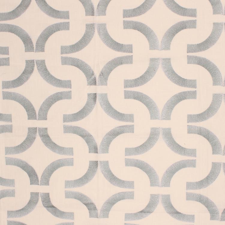 Introspective Embroidered Geometric  Cotton Linen Drapery Fabric / Mineral