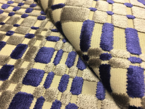 45" of Taupe Purple Geometric Designer Cut Velvet Abstract Upholstery Fabric
