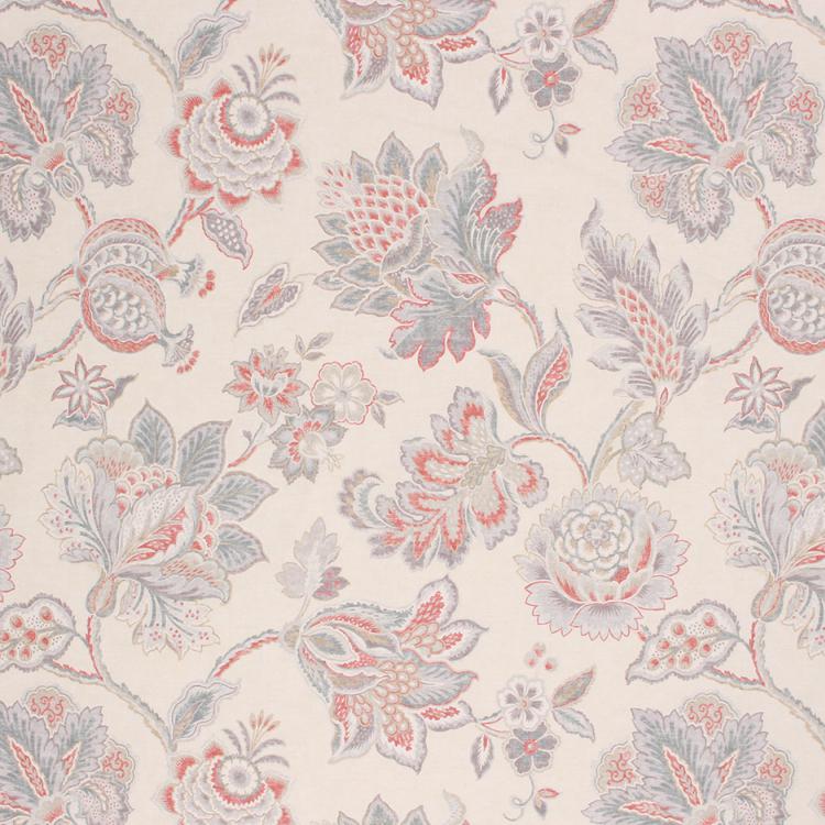 Cotton Upholstery Drapery Floral Fabric Ivory Gray Orange Blue / Porcelain