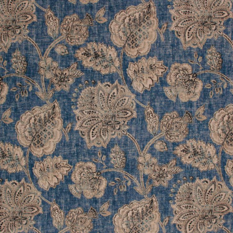 Linen Rayon Drapery Upholstery Fabric Floral Blue Gray / Riptide
