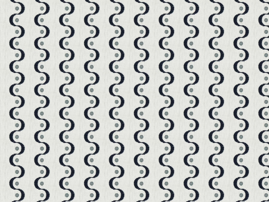 Off White Indigo Blue Seafoam Geometric Embroidered Drapery Fabric