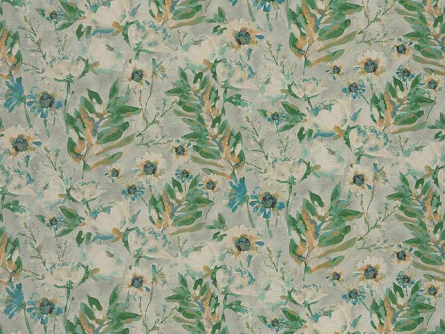 Cotton Seafoam Green Teal Caramel Floral Upholstery Drapery Fabric