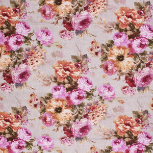 Linen Floral Drapery Fabric Roses Lilac Magenta Pink Taupe /  S452