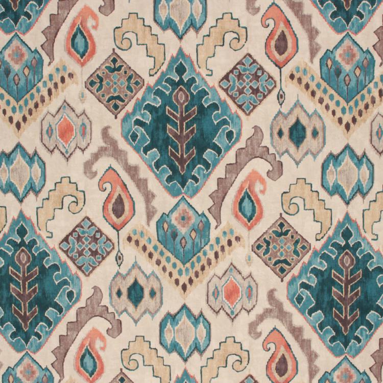 Cotton Upholstery Drapery Fabric Southwestern Ikat Ethnic Teal Coral Beige Brown / Southwest RMIL5
