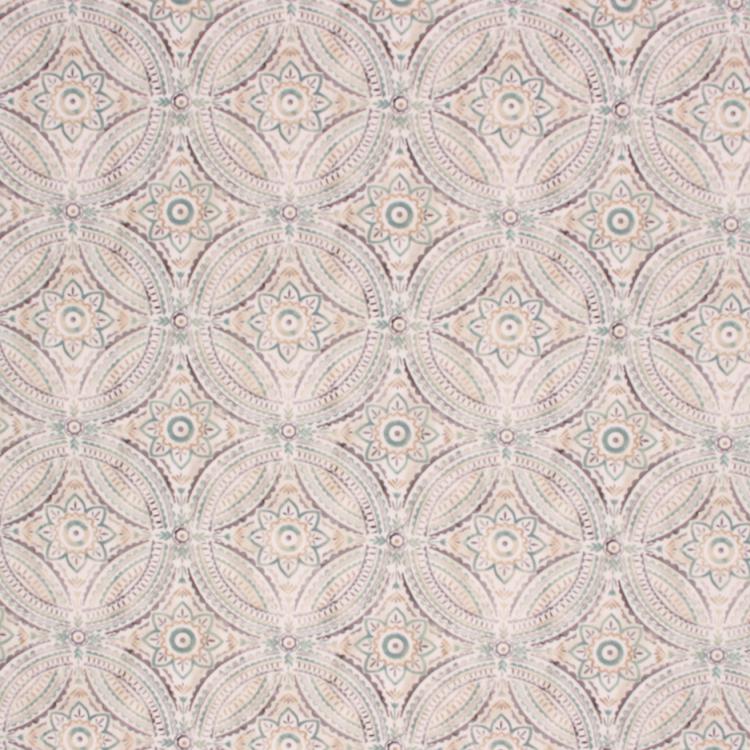 Cotton Medallion Pattern Drapery Fabric Seafoam Aqua Gray Mustard / Spa