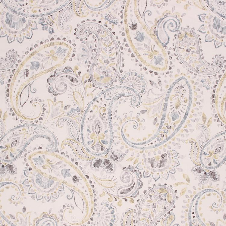 Cotton Upholstery Drapery Paisley Fabric Yellow Gray Aqua Blue / Surf