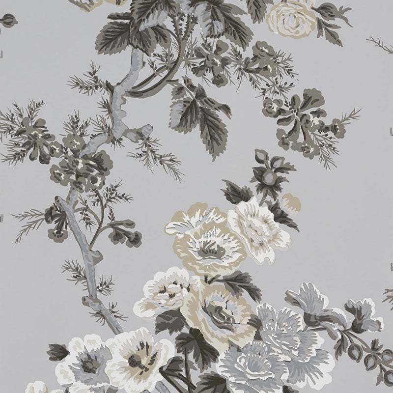 Schumacher Pyne Hollyhock Wallpaper / Grisaille