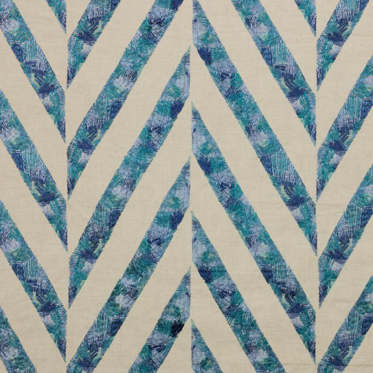 Scrafitti Teal Blue Embroidered Geometric Linen Blend Fabric – Fabric ...