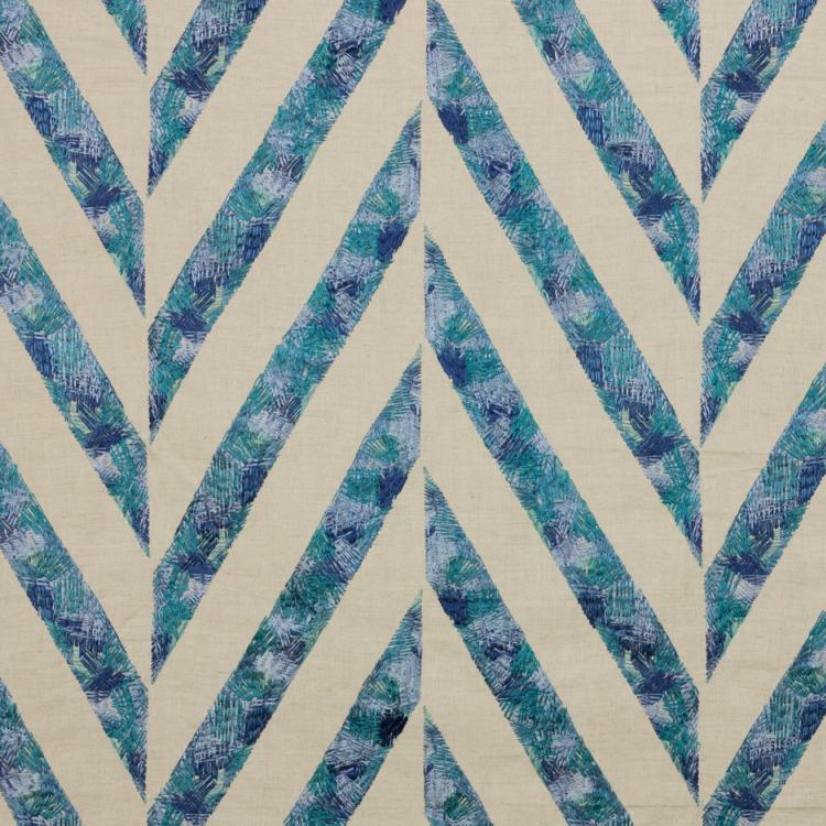 Scrafitti Teal Blue Embroidered Geometric Linen Blend Fabric