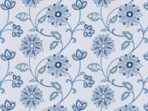 White Blue Floral Embroidered Drapery Fabric