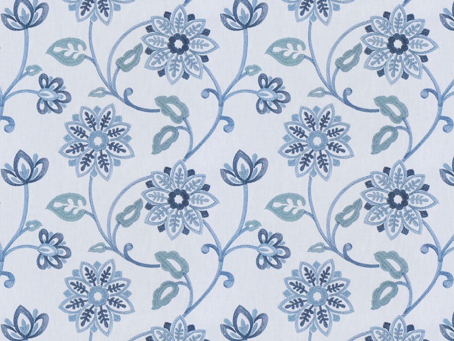 White Blue Floral Embroidered Drapery Fabric