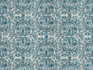 Cotton Linen Teal Navy Blue Art Nouveau Floral Upholstery Drapery Fabric