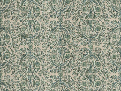 Cotton Linen Beige Green Teal Art Nouveau Floral Upholstery Drapery Fabric