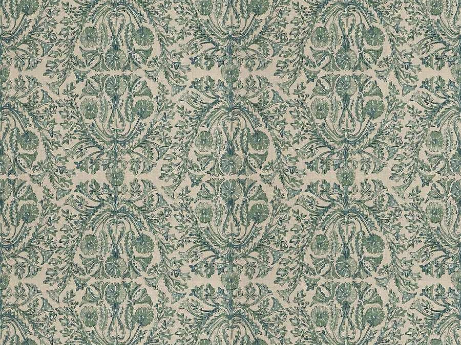 Cotton Linen Beige Green Teal Art Nouveau Floral Upholstery Drapery Fabric