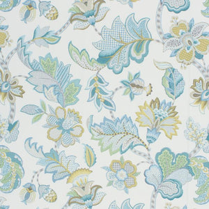 Cotton Jacobean Floral Drapery Fabric Aqua Blue Green White Yellow / Verde