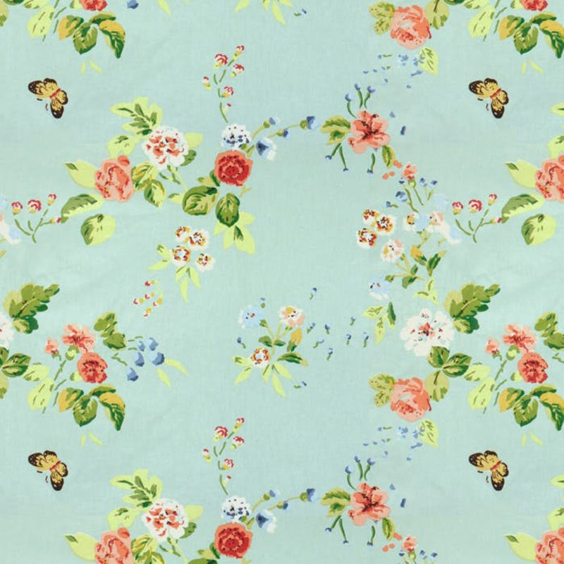 Brunschwig & Fils Chinese Flowers Glazed Chintz Fabric / Pink On Blue