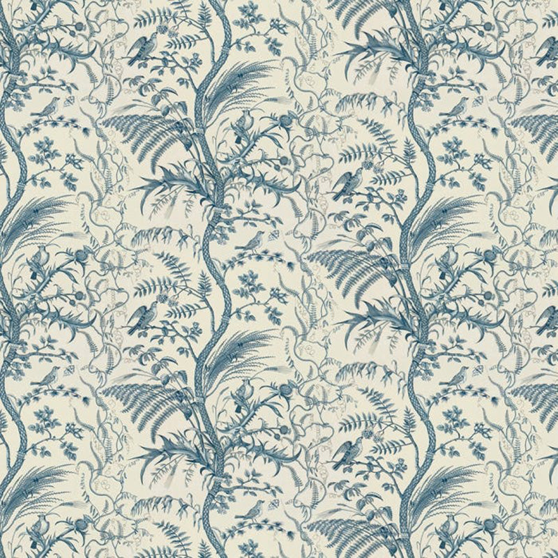 Brunschwig & Fils Bird And Thistle Cotton Print Fabric / Blue