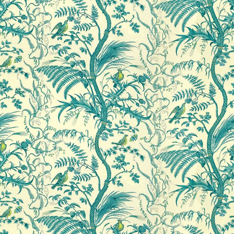Brunschwig & Fils Bird And Thistle Cotton Print Fabric / Aqua