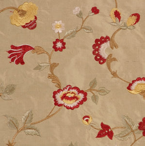 Embroidered Silk Floral Drapery Fabric Beige Red Sage / Tudor / U236