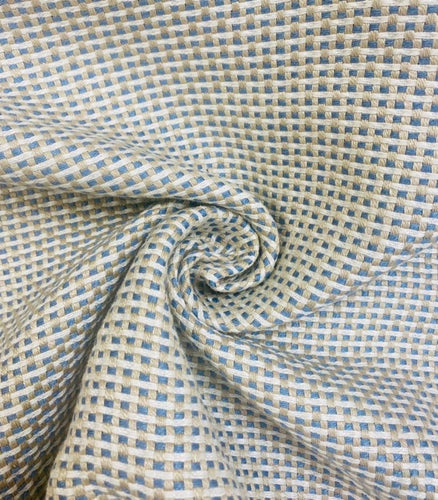Water Stain Resistant Linen Beige  Blue Woven MCM Tweed Upholstery Fabric