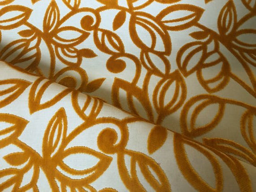 Mustard Gold Yellow Ochre Beige Cut Velvet Upholstery Fabric Retro Mod Floral / Fiore
