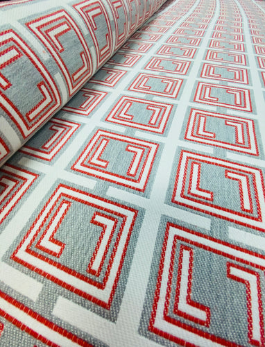 Water & Stain Resistant Grey Red Cream Coral Indoor Outdoor Geometric Upholstery Drapery Fabric STA 3312