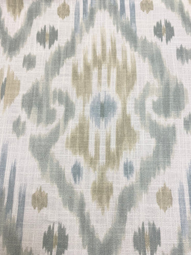 1.25 Yard Belle Maison Cream Seafoam Green Aqua Ikat Cotton Linen Upholstery Drapery Fabric WHS 3091