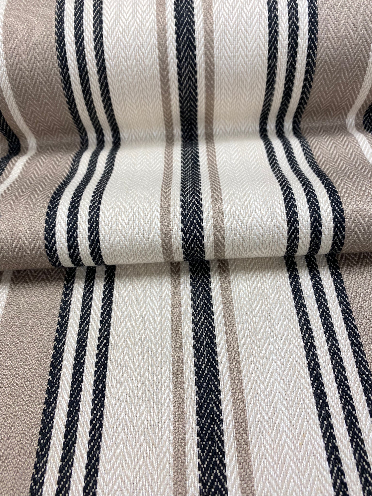 Designer Ivory Black sold Taupe Nautical Stripe Upholstery Backed Linen Fabric WHS443