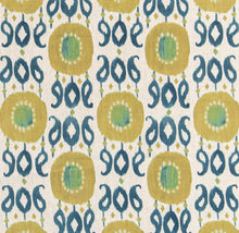 Load image into Gallery viewer, Stain Resistant Teal Green Mustard Cream Ikat Upholstery Drapery Fabric CF