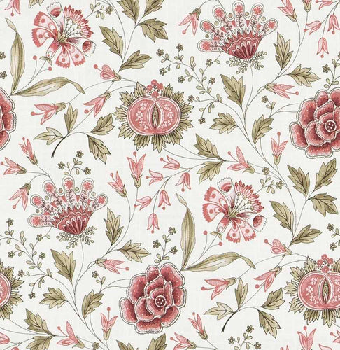 Coral Sage Green Cream Mauve Floral Botanical Upholstery Drapery Fabric FB