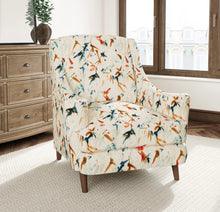 Load image into Gallery viewer, Stain Resistant Cream Navy Blue Mustard Orange Floral Bird Upholstery Drapery Fabric CF