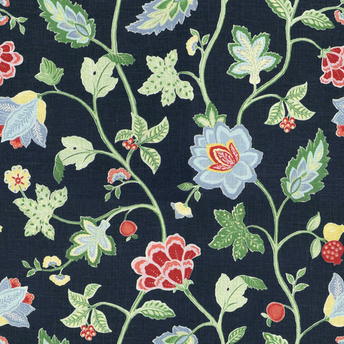 Linen Rayon Indigo Aqua Blue Green Floral Upholstery Drapery Fabric FB