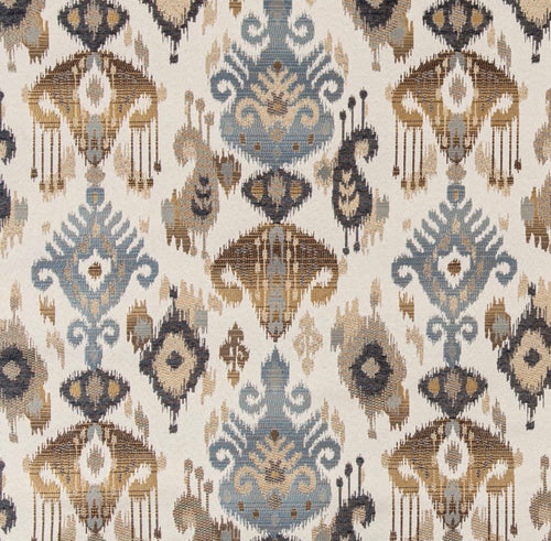 Ivory Indigo Teal Blue Mustard Ikat Upholstery Drapery Fabric CF