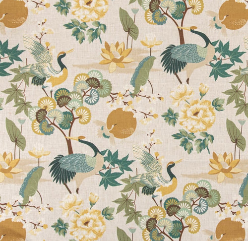 Stain Resistant Green Mustard Cream Chinoiserie Crane Bird Upholstery Drapery Fabric CF