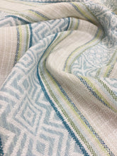 Load image into Gallery viewer, Fabricut 04759 Pool Seafoam Green Teal Stripe Water &amp; Stain Resistant Indoor Outdoor Upholstery Fabric WHS 3321