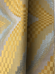 Zenith Yellow Silver Geometric Textured Chevron Checkered Cotton Linen Drapery Fabric
