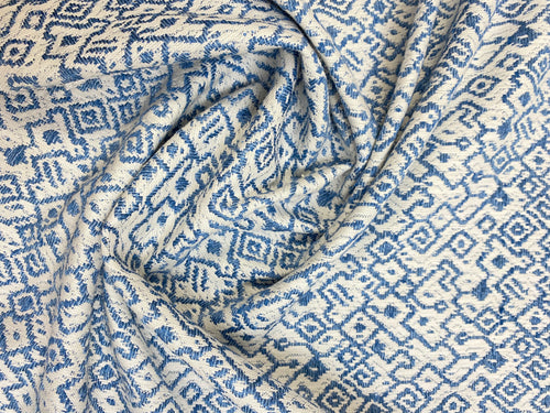 Stout Kerchief White Blue Ethnic Ikat Upholstery Drapery Fabric STA 3119