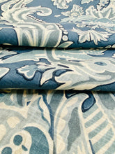 Load image into Gallery viewer, Kravet French Aqua Navy Blue Lorton Linen Damask Water &amp; Stain Resistant Upholstery Drapery Fabric STA 3037