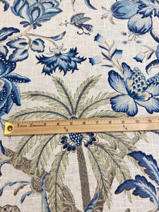 La Belle Cream Green Blue Floral Tropical Palm Tree Rayon Linen Water & Stain Resistant Drapery Fabric/ Porcelain STA 3883