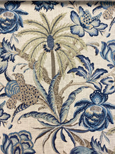 Load image into Gallery viewer, La Belle Cream Green Blue Floral Tropical Palm Tree Rayon Linen Water &amp; Stain Resistant Drapery Fabric/ Porcelain STA 3883