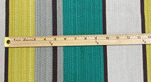 Load image into Gallery viewer, P Kaufmann Adventure Citron Yellow Cream Brown Teal Stripe Water &amp; Stain Resistant Upholstery Fabric WHS 3497