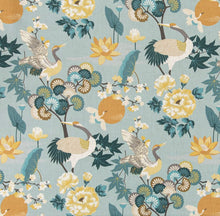 Load image into Gallery viewer, Stain Resistant Teal Blue Green Grey Chinoiserie Crane Bird Upholstery Drapery Fabric CF