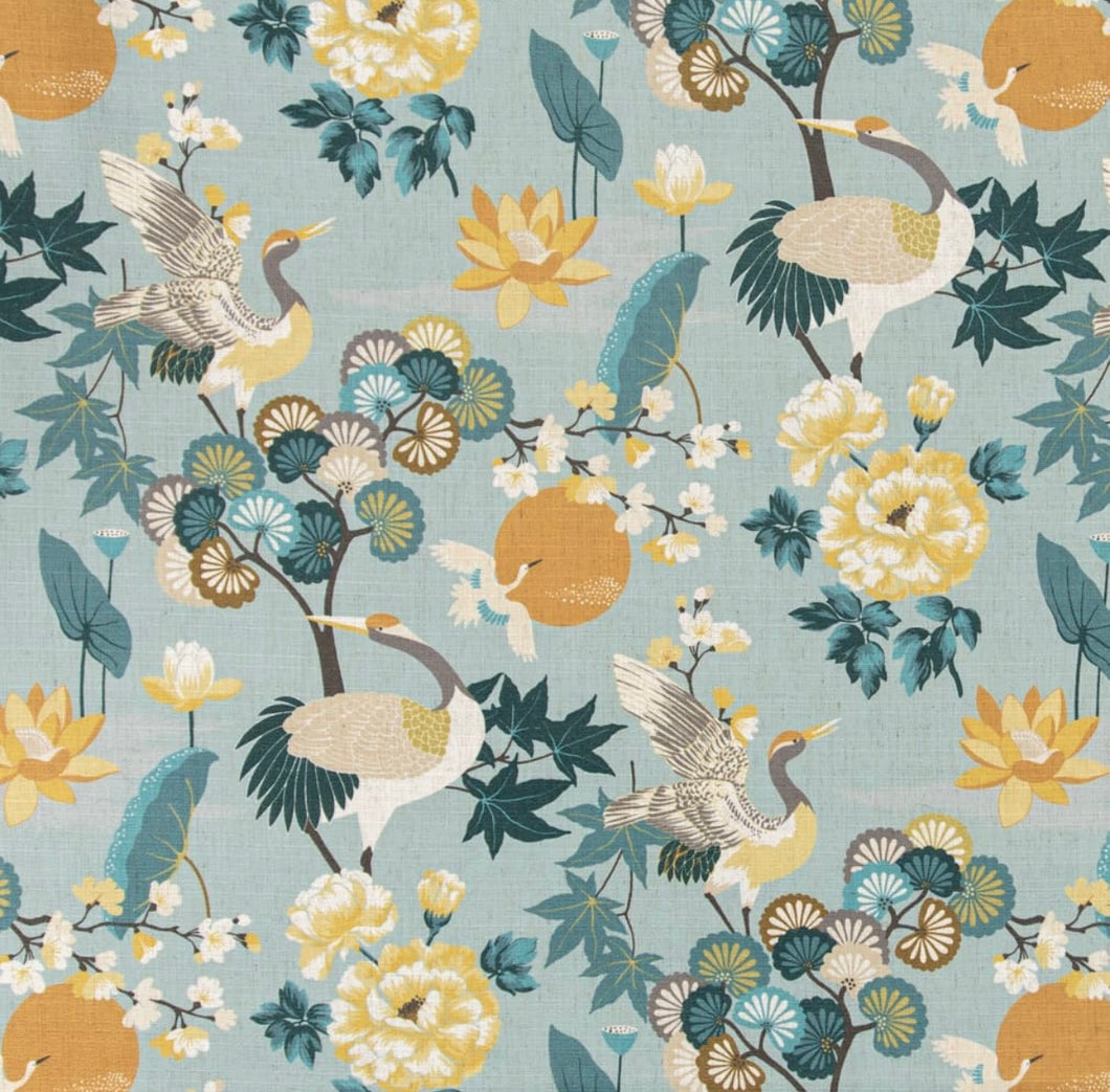 Stain Resistant Teal Blue Green Grey Chinoiserie Crane Bird Upholstery Drapery Fabric CF