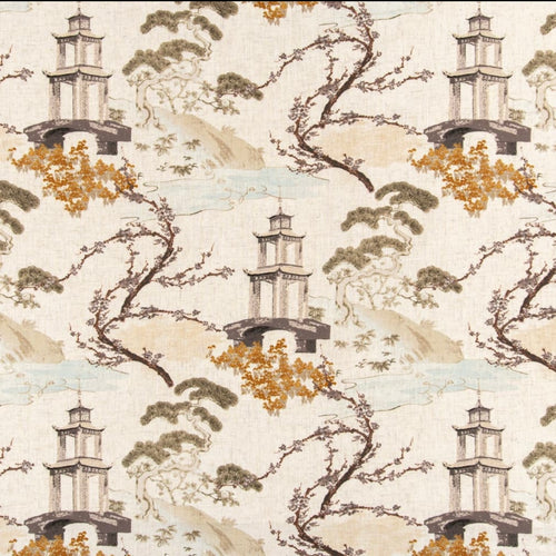 Stain Resistant Charcoal Grey Aqua Blue Cream Mustard Chinoiserie Asian Upholstery Drapery Fabric CF