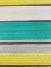 Load image into Gallery viewer, P Kaufmann Adventure Citron Yellow Cream Brown Teal Stripe Water &amp; Stain Resistant Upholstery Fabric WHS 3497