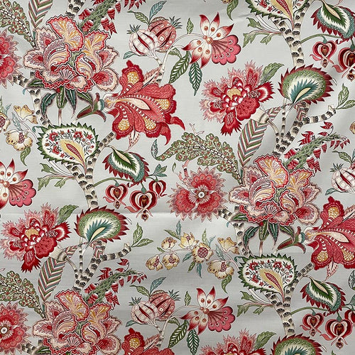 Cotton Grey Coral Red Green Mustard Yellow Jacobean Floral Upholstery Drapery Fabric MGF