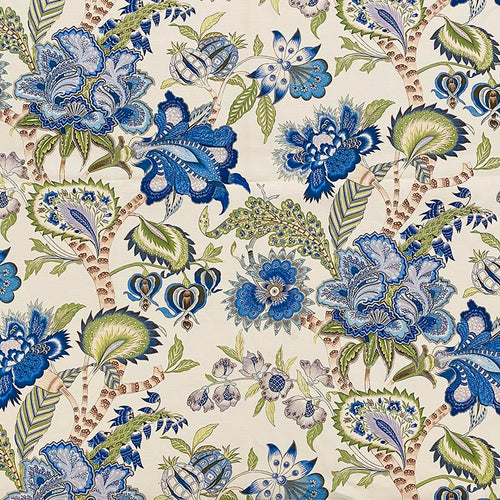 Cotton Royal Blue Green Beige Floral Jacobean Botanical Upholstery Drapery Fabric MGF