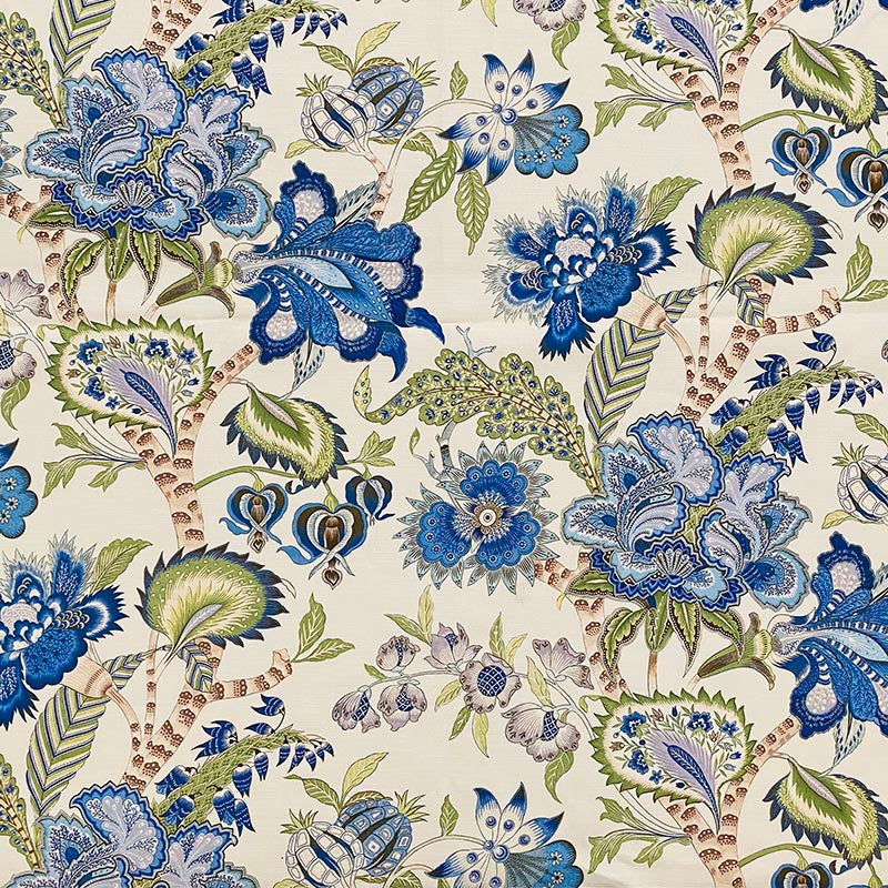 Cotton Royal Blue Green Beige Floral Jacobean Botanical Upholstery Drapery Fabric MGF
