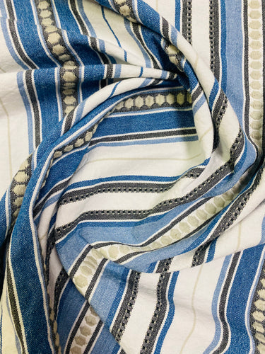 Designer Cotton Off White Grey Blue Embroidered Nautical Stripe Upholstery Drapery Fabric STA 3433